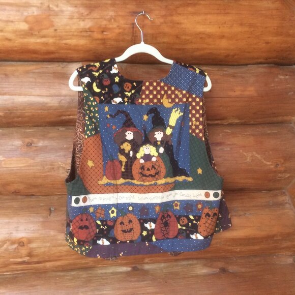 Halloween Reversible Autumn Handmade Pumpkins Ghost Witches Spooky Print Vest OS - Picture 2 of 5